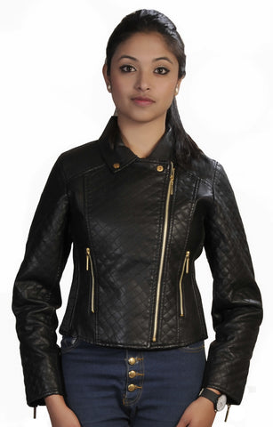 Ladies Black Faux Leather Quilted Zip Up Ladies Jacket - TATTOPANI