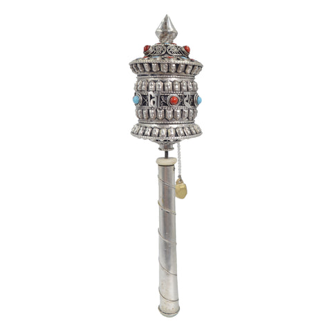 Silver Tibetian Hand Held Prayer Wheel with Green Protective Pouch- 19cm-(CS-MANE-S2) - craze-trade-limited