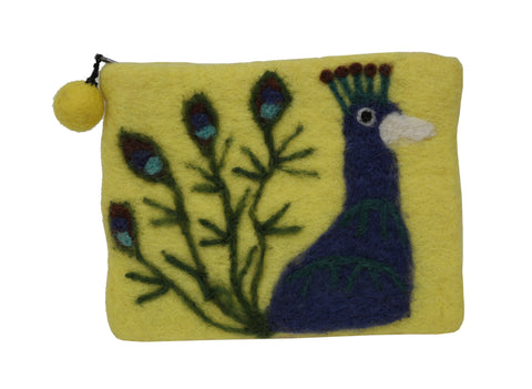 Felt Yellow With White Peacock Printed Coin Purse. - craze-trade-limited