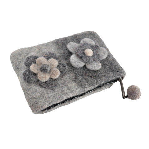 Felt Dark Gray With Flower Attached Coin Purse. - craze-trade-limited