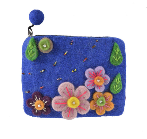 Felt Blue With Flower & Leaves Attached Coin Purse. - craze-trade-limited