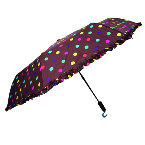 Automatic Brown Umbrella with Colorful Polka Dot Pattern - craze-trade-limited