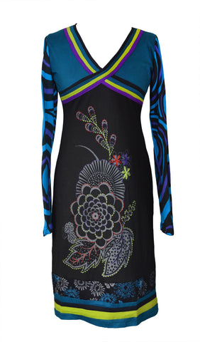 Long Sleeved V-Neck Design Pipping Dress with Flower Embroidery(No refund / No Exchange)