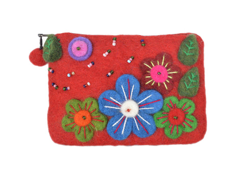 Felt Red With Flower & Leaves Attached Coin Purse. - craze-trade-limited
