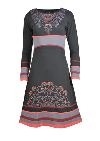 Long Sleeve Multicolored Pattern Print Dress