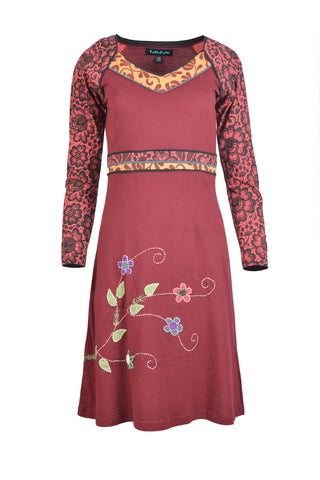 Long Sleeve Floral Print & Embroidery Dress