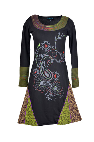 Ladies Long Sleeved Dress with Neckline Embroidery and Patch Design