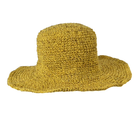 Yellow Wide Brim Knitted Summer Crochet Hemp Cotton Mix Hat. - craze-trade-limited