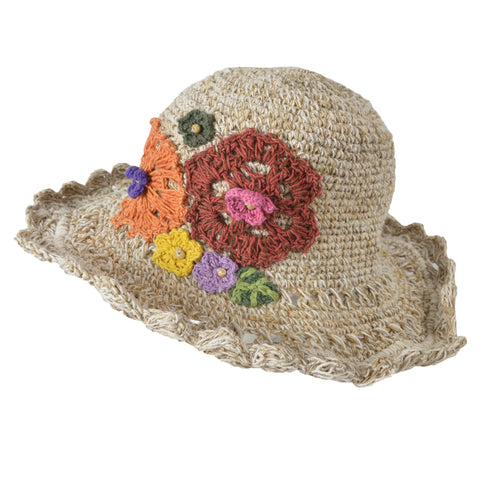 Wide Brim Knitted Summer Crochet Hemp Cotton Mix Hat With Colorful Knitted Flower. - craze-trade-limited
