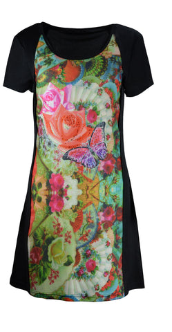 Floral Print & Rhinestone Patch Short Sleeve Dress. - TATTOPANI