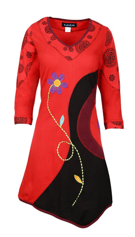 Ladies V-Neck 3/4 Sleeve Dress With Flower Embroidery