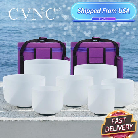 CVNC 6"-12" Set of 7pcs Frosted Quartz Crystal Singing Bowl with Free Carry bags