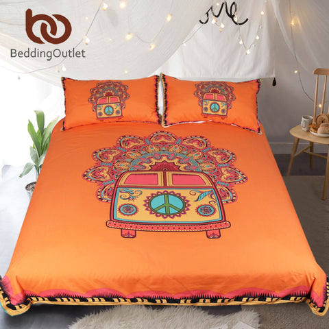 BeddingOutlet Hippie Vintage Car Bedding Set Orange Mandala Quilt Cover Peace Design Bed Set Bohemian a Mini Van Bedclothes 3pcs - craze-trade-limited